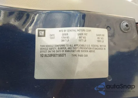 2008 Chevrolet Cobalt Lt z USA, uszkodzony, nr VIN 1G1AL58F687196071